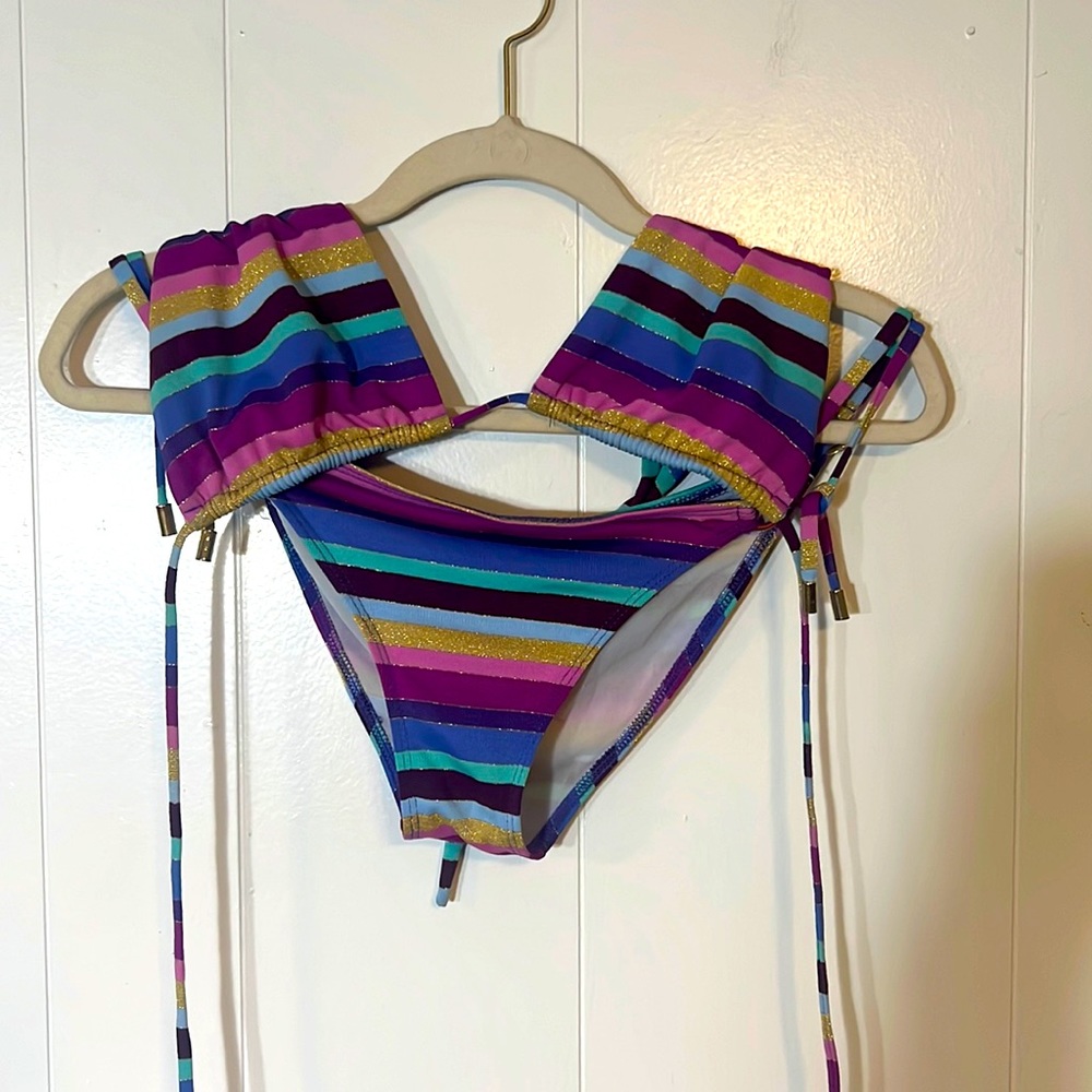 Radio Fiji striped multi color and gold bikini, top and bottom